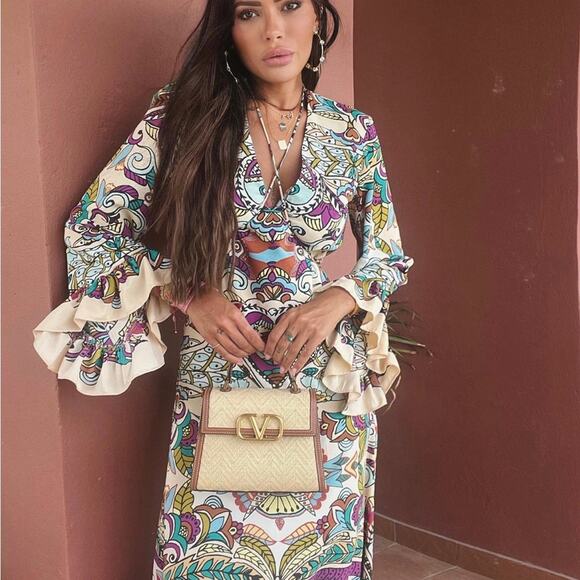 ZARA BLOGGER FAVORITE PRINTED MIDI DRESS MULTICOLORED - Picture 6 of 13